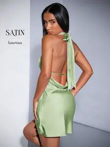 Mini Dress: Halter Satin Cocktail Dress - Backless Party Dress for Women