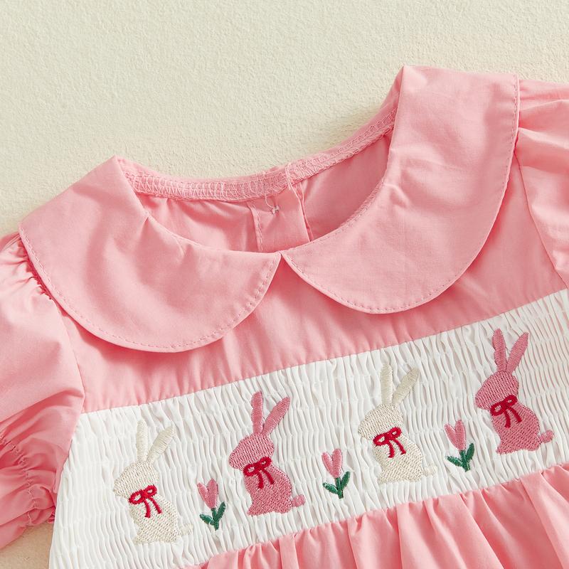 Toddler Baby Little Girls Easter Outfit Short Sleeve Smocked Embroidery Rabbit T-shirt with Elastic Waist Shorts Outfit 3M-3Y