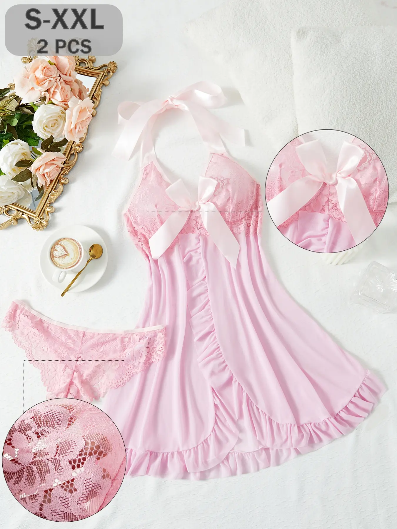 🔥 Sizzling Lingerie Set Nightwear with Sheer Mesh Robe & Satin Ties! Perfect for home/hotel vibes. Ideal Valentine‘s Gift 💝