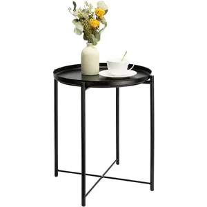 Metal Black Side Table for Small Spaces Outdoor Patio Table Round Metal Coffee Table Waterproof Removable Tray Table for Living Room Bedroom Balcony Office Black
