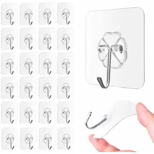 33lbs Adhesive Hooks for Hanging on Wall or Ceiling, Heavy Duty, Clear,  Free, Traceless, Stick on Hangers for Kitchen Bathroom, 10 count