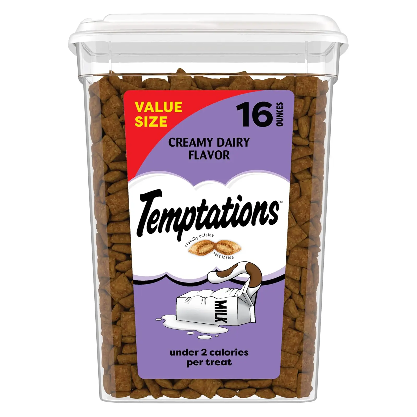 Temptations Classic Crunchy and Soft Cat Treats, Creamy Dairy, 16 oz Under 2 calories per treat, 100% complete & balanced for adult cats, resealable tub, use as snack, meal, or food topper