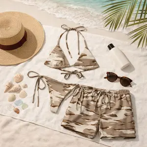 Commando Camo Bikini Set, Matching Couples Swimwear with Tie Side Thong & Men’s Beach Shorts, Military Style Beachwear, Casual Summer Hawaiian Swimsuits Gift