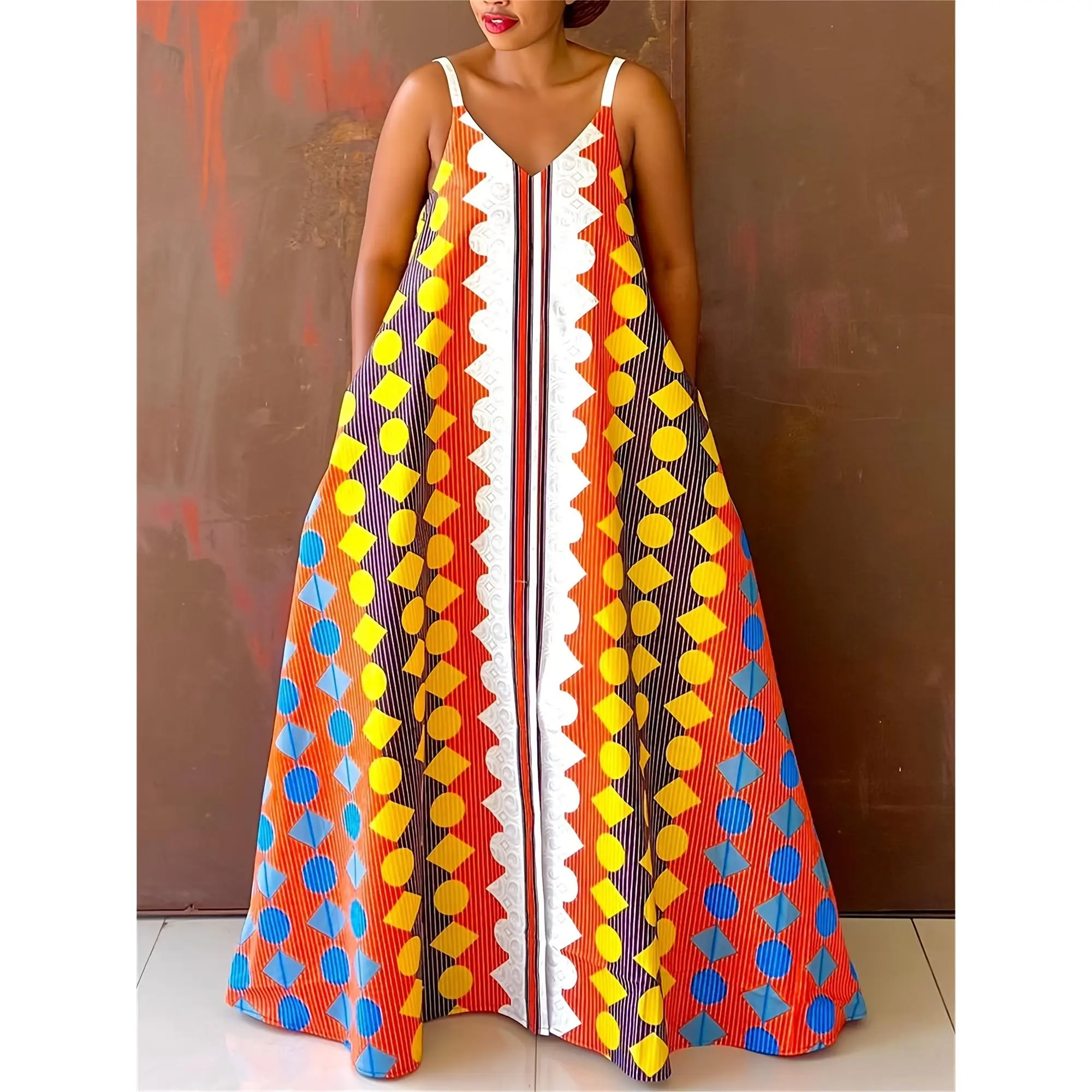 Women's Extra Long Dress |   Glouri African Print |   V-neck Sleeveless Polyester Dress, Colorful Geometric and Striped Pattern |   Casual Loose, Hidden Pocket |   Lightweight and Breathable, Suitable for Spring and Summer Beach and Leisure Activities, Su