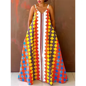 Women's Extra Long Dress | Glouri African Print | V-neck Sleeveless Polyester Dress, Colorful Geometric and Striped Pattern | Casual Loose, Hidden Pocket | Lightweight and Breathable, Suitable for Spring and Summer Beach and Leisure Activities, Sun Protec