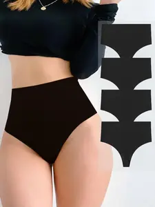 Women's 4pcs Solid Color High Waist Thong, Comfy Breathable Seamless Fitted Knicker for Daily Wear,  Underwear for Women, Ladies Underwear for All Seasons, Panties