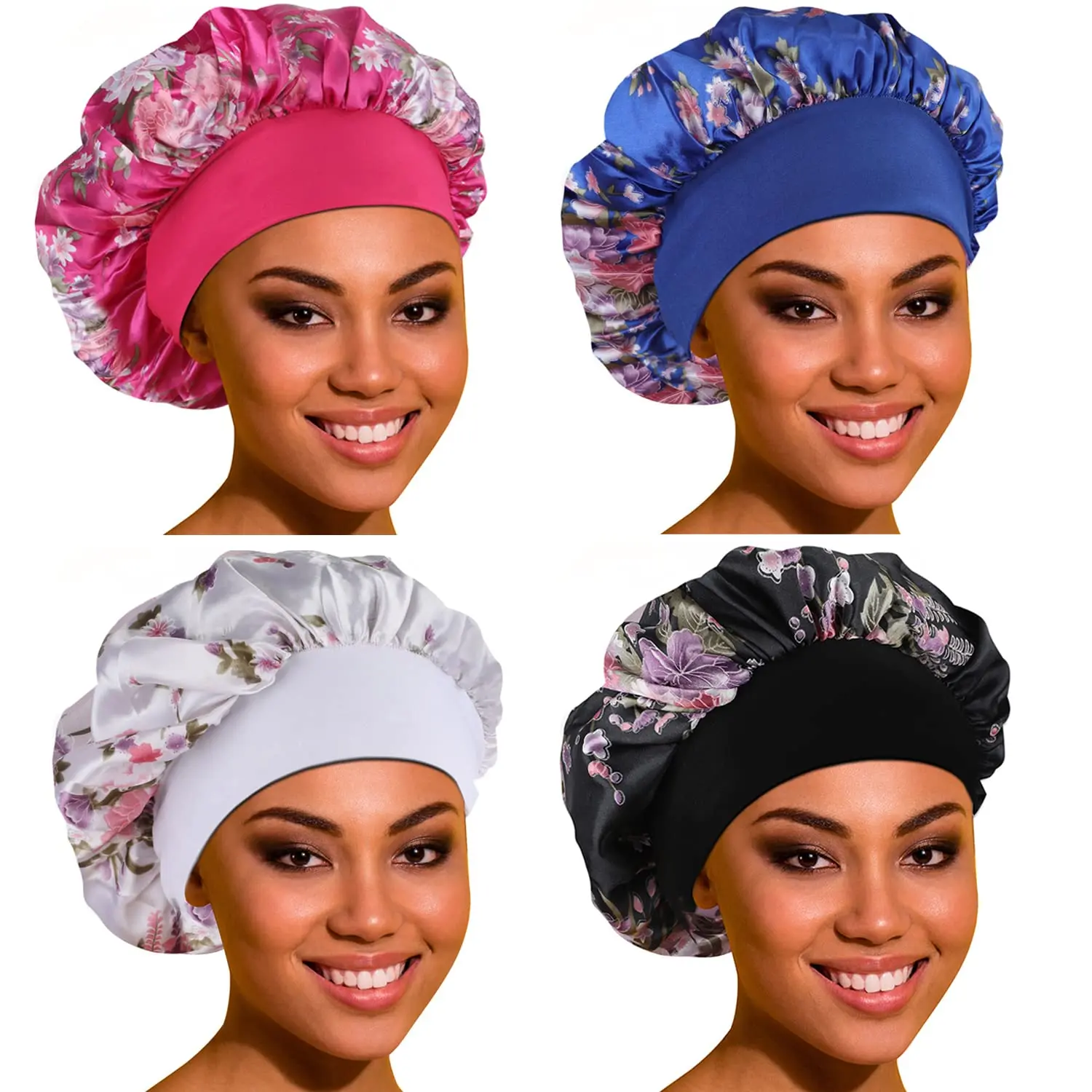 4pcs Satin Bonnet Hair Bonnet for Sleeping, Sleep Bonnets for Women Large Wide Soft Band Sleep Cap for Curly Hair Braids ﻿