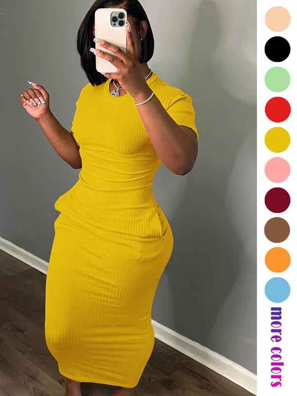 Threaded elastic solid color dress, breathable elastic multicolored party casual outing travel solid pocket long dress, solid color long dress, long dress, summer dress,