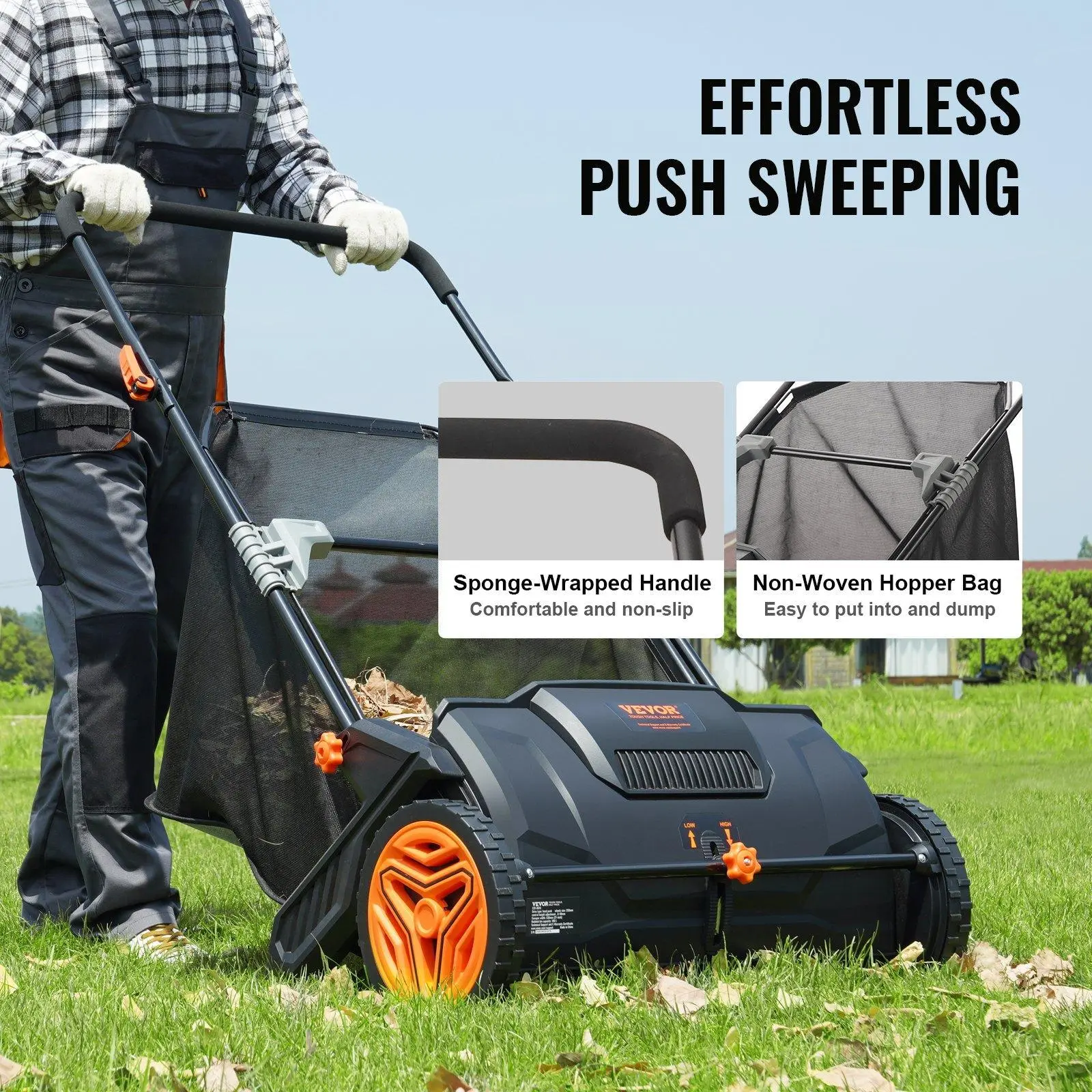 VEVOR 21-50Inch Push Lawn Sweeper, Lawn Equipment with 3.5 Cu. Ft. Mesh Hopper Bag, 2 Spinning Brushes with Adjustable Height, Strong Rubber Wheels & Handle, Adjustable Spinning Brush Height