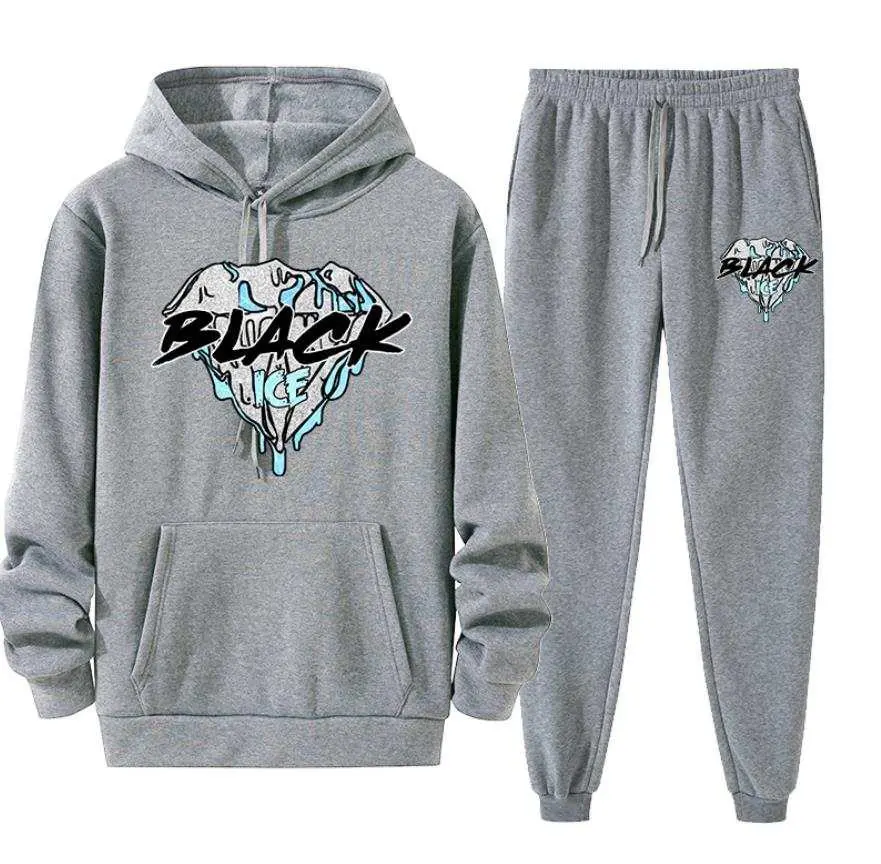 Black Ice High Quality Sublimation Blanks Hoodie Set Cotton 100% Polyester Custom Design Sweatpants and Hoodie Set for Men Medium Size