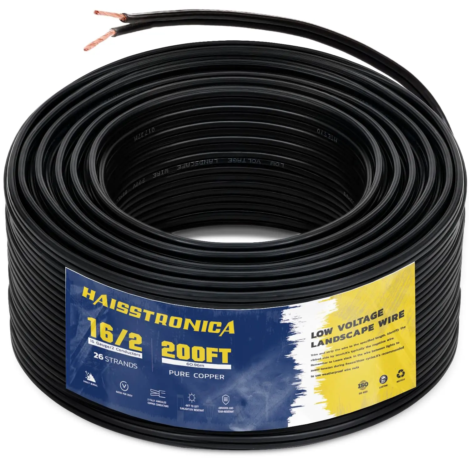 16 Gauge 2-Conductor Low Voltage Landscape Wire (200ft) - Copper Direct Burial, UL Listed, UV Resistant, High Conductivity, Fire Resistant, RoHS Compliant for Landscape Lighting, Driveways, Easy Installation