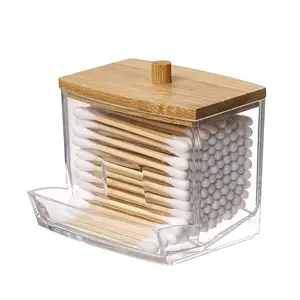 Transparent Acrylic Cotton Swab Storage Box, High-Quality Wooden Lid, Stylish Bathroom Container, Ideal for Cotton Swabs and Makeup Pads