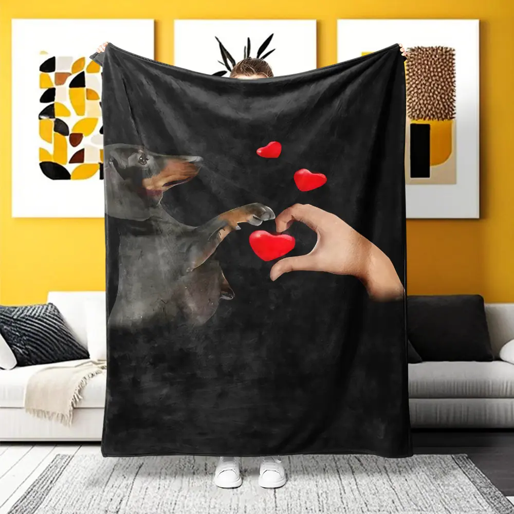 A Dachshund Love Gesture Flannel Blanket - Ultra-Soft Warm Throw, Ideal for Office Naps, Home Relaxation and Camping. Adorable dachshund paw & human hand with heart design, perfect for dog lovers, lightweight cozy for all seasons.