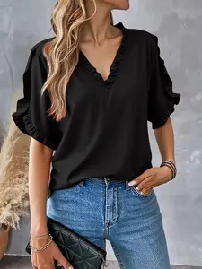 Women's Petal Short Sleeve V Neck Top-Variety of Color's