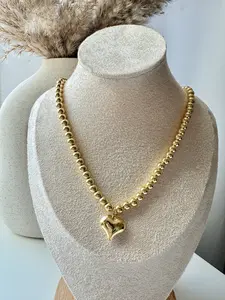 Golden Beaded Puffy Heart Necklace