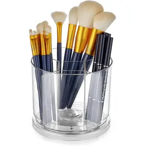 Makeup Brush Holder Organizer -Rotating 360 °   Clear Cup Containers for, Desk, Countertop, Spinning Pen Holder for Desk, Round Make up Brush Stand with 5 Slots, for Cosmestics (Clear)