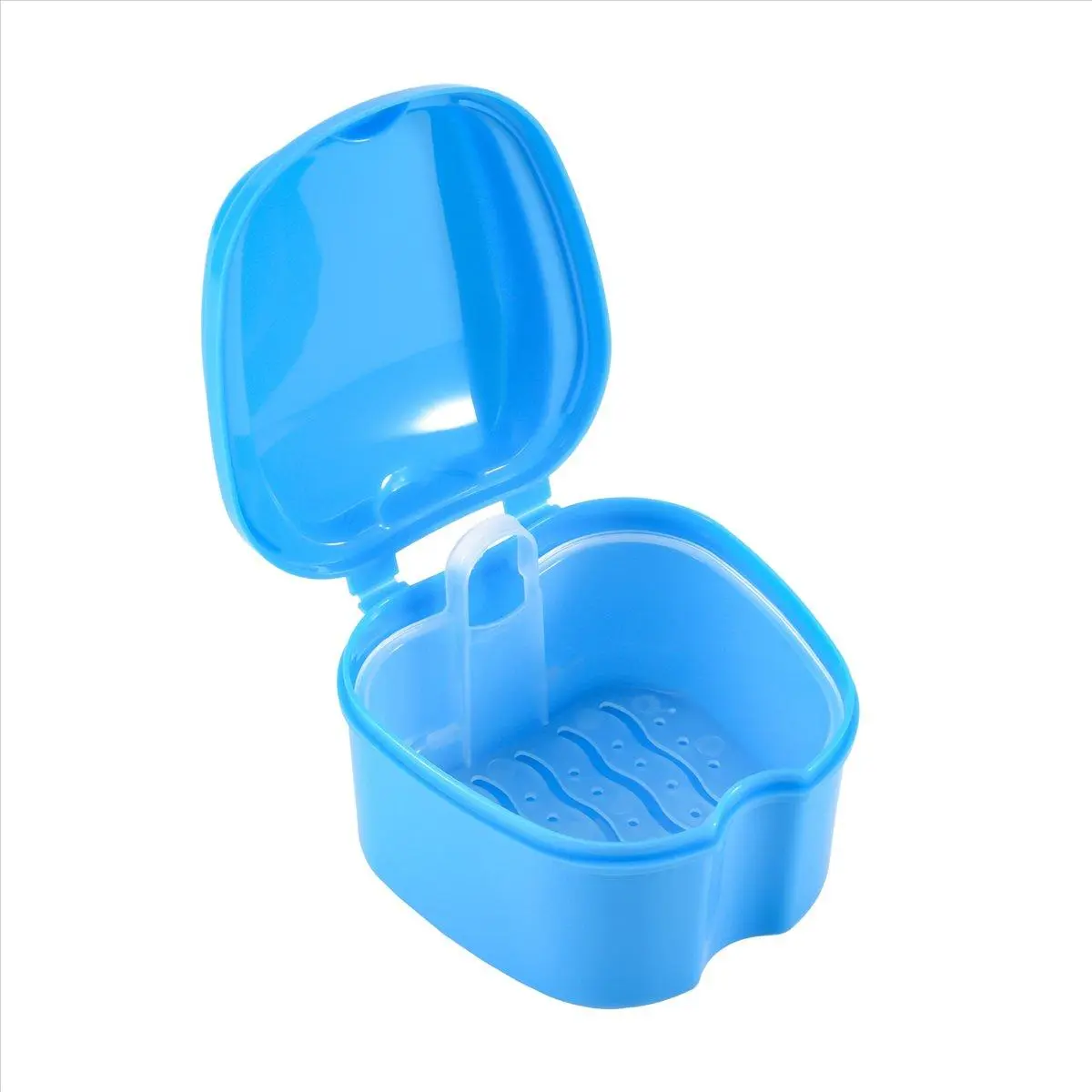 Blue Denture Case, Denture Cup with Strainer, Denture Bath Box False Teeth Storage Box with Basket Net Container Holder for Travel