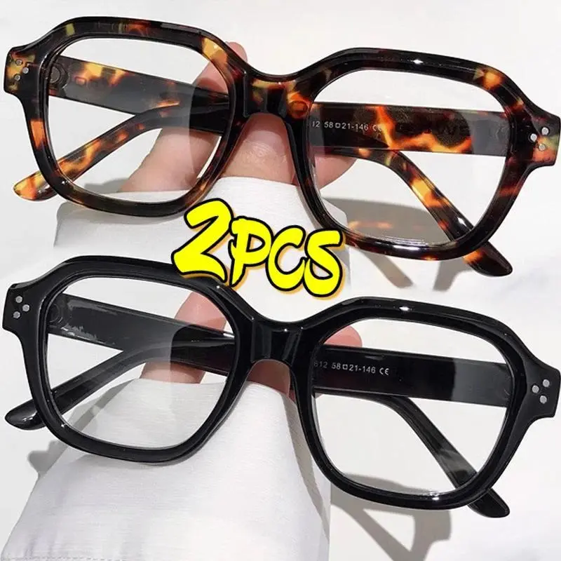 Women's 2-Piece Retro Oversized Basic Fashion Eyeglasses - Black Square Polycarbonate Frames, Lightweight Flat Lenses, Unisex Stylish Screen-Protective Plastic Non-Prescription Glasses for Office,Daily Use, Square-Faced/Transparent Options, Square-Faced N