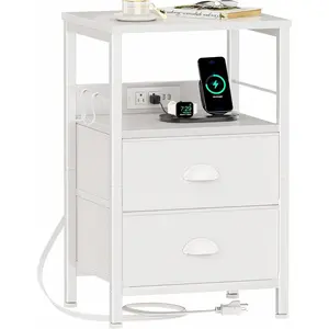 End Table with Charging Station, Nightstand with Fabric Drawers, Side Tables with USB Ports & Outlets, Night Stand with Storage Shelf & Hooks, for Living Room/Bedroom, White