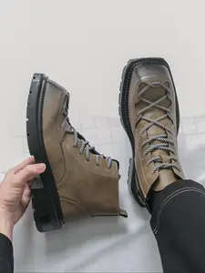Men's High-Top Boots with Side Zipper, PU Low Heel Fashion Ankle Boots, Classic Square Toe Lace-Up Design, Stylish Men's Shoes