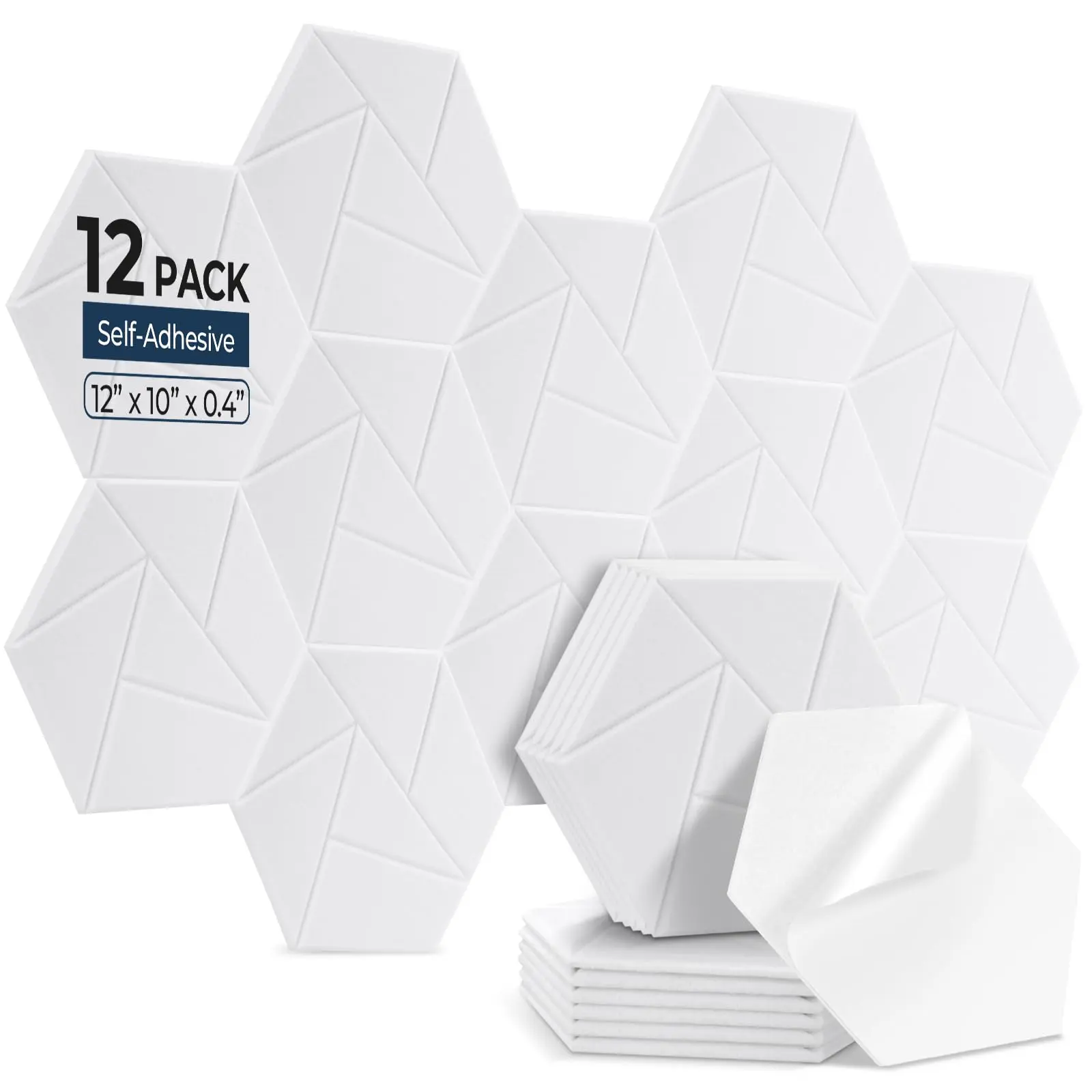 12 Pack Hexagon Acoustic Panels, 12" x 10" x 0.4" High-Density Sound Proof Panels for Walls, Self-Adhesive Acoustic Wall Panels for Studio, Home, Office, White