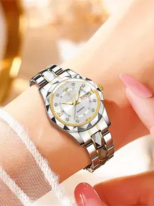 Women's Elegant Rhinestone Decorated Round Dial Analog Quartz Watch, Trendy Exquisite Watch, Fashionable Stainless Steel Strap Watch for Women & Girls, Calendar Function 30m Waterproof Meter Watch for Birthday Gift with Box, High End Watch