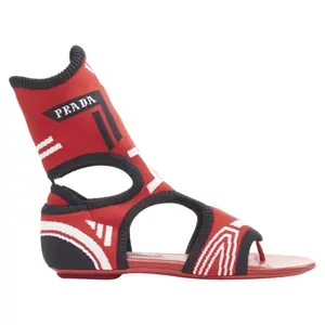 Pre-owned Prada Women's Prada red black white stretch sock knit thong flat sandals by Rebag