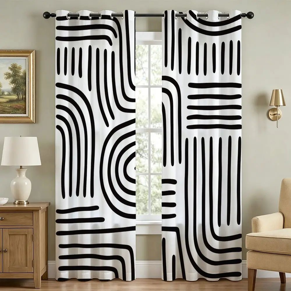 Blackout Curtains (Home Decorative Curtain, 2 Panels &Black and White Abstract Stripes for Home Decor) - Thermal Insulated,Soundproof Printed Drapes for Living Room, Bedroom, and Office, Blackout Window Cover