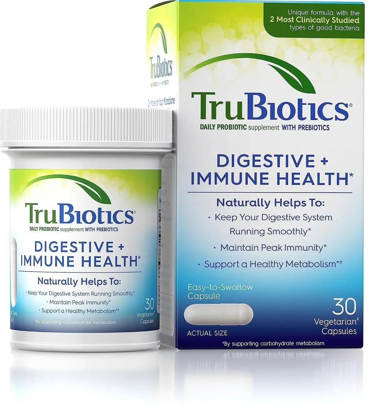 TruBiotics Probiotics for Digestive & Immune Health, Supports Regularity & Helps Relieve Abdominal Discomfort, Gas & Bloating, 2 Clinically Studied Probiotic Strains, Plus Prebiotics, 30 Capsules
