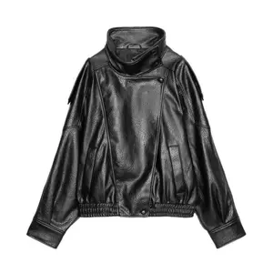 Women's Retro Motorcycle Leather Jacket - Stand Collar Black | Open Front | Fall Casual(Sheets)