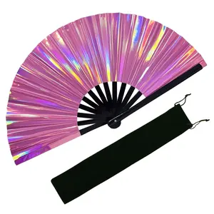EOSAU 1 Pcs 13 Inch Large Rave Fan Handheld Craft Laser Rave Holographic Clap Fan for Halloween EDM Disco Party, Disco Party, Club