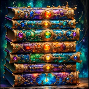 5D Diamond Painting Kit, Stack of Enchanted Fantasy Books with Gemstones & Golden Filigree, Full Round/Square Drill Diamond Art, DIY Rhinestone Embroidery Craft, Magical Wizarding Theme Diamond Mosaic, Relaxing Handmade Gift for Home Wall Decor