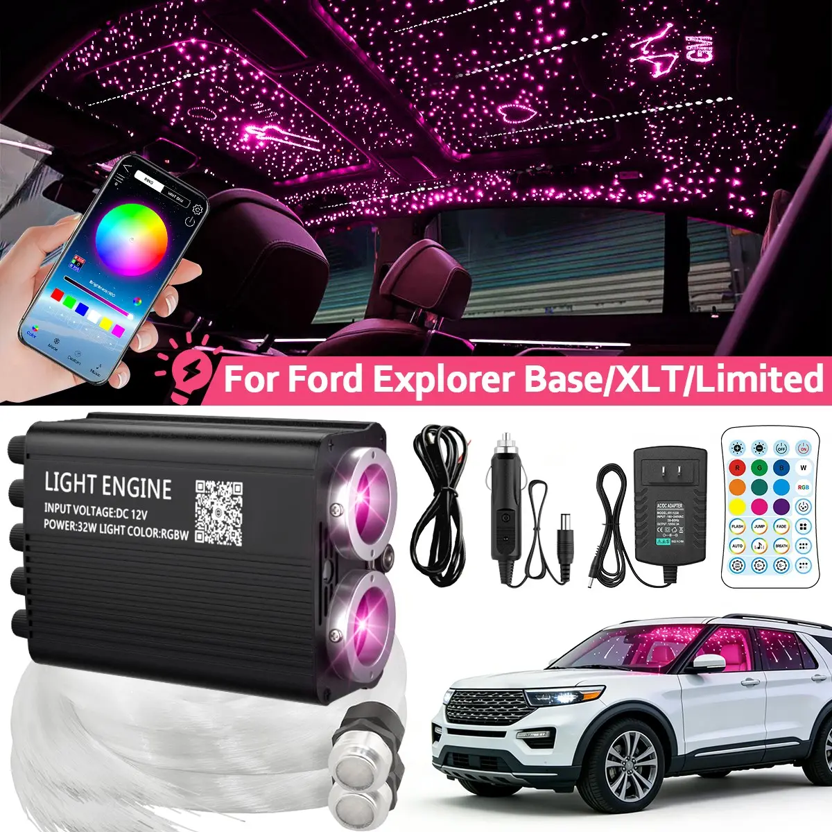Starlight Headliner Kit for Ford Explorer & Full Ford Series, 300-1200pcs Fiber Optic Roof Lights, 16W/32W APP Remote, Steady/Twinkle/Meteor Modes, Summer Road Trip Essential, 2-Year Warranty