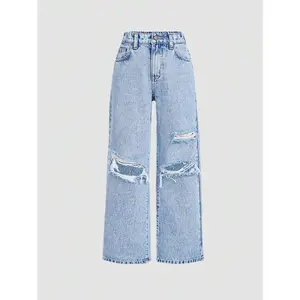 Tween Girls' Y2K Spring Summer Beach Washed Ripped Wide Leg Jeans,Girls Summer Clothes Concert Outfits Pumpkin Patch Kids' Loose Denim with Pockets comfy school star top black fits baby tee baggy pants purple hoodie Light Up Princess Costume for tornado