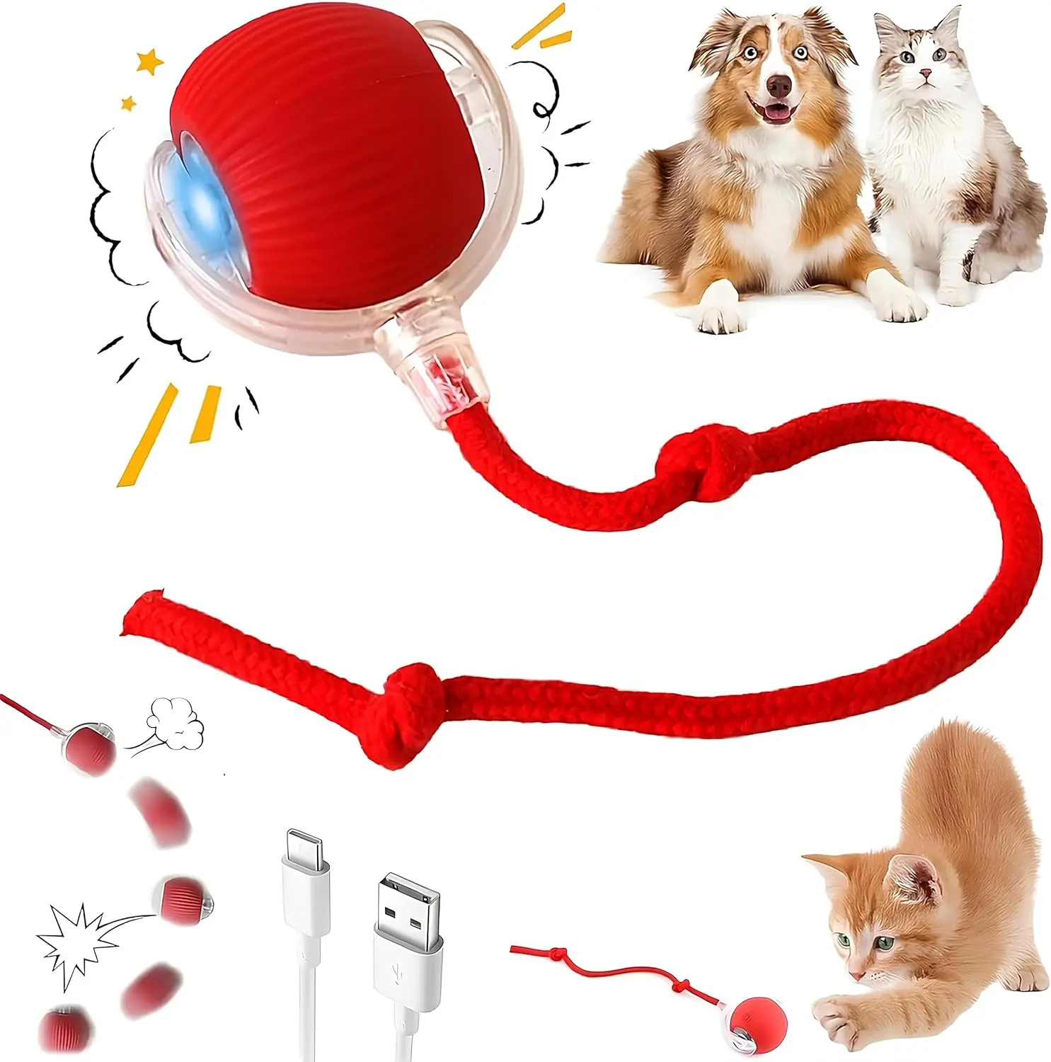 Interactive Cat Toys for Indoor Cats, Dog Toys Ball, Rolling Pet Ball, Smart Automatic Cat Chase Balls Toy, Interactive Dog Toys Speedy Tail,Kitten & Cat Toys Interactive (Red)