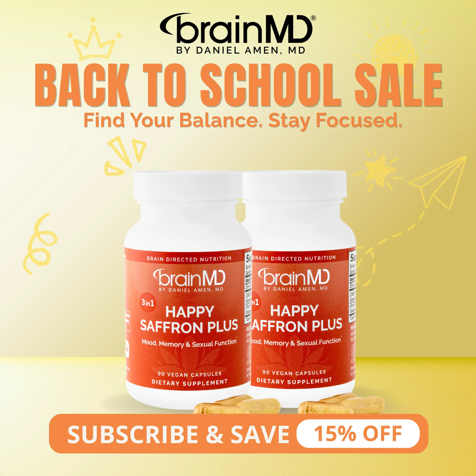 Happy Saffron Plus 2-Pack | BrainMD | 180 Capsules (2 x 90) | Mood & Stress Support | Memory, Focus & Libido Support | Affron Saffron Extract with Curcumin & Zinc