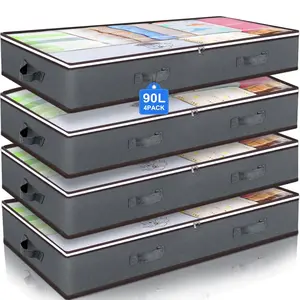 4PCS 90L Under Bed Storage Containers Closet Organizers Foldable Storage Bags for Blanket Clothing Comforter Sweaters Pillows Linen Sheets Grey With Zip