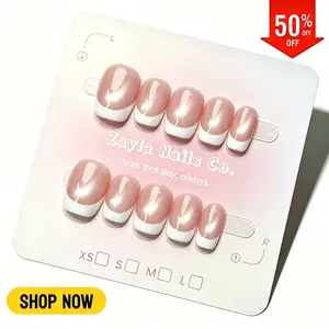 10pcs Handmade Glossy French rhinestone decor Press On Nails - Short Square Nude Pink Cat Eye y2k style acrylic Fake Nails art set , Reusable, Salon-Grade for Daily & Party Wear diy nail art