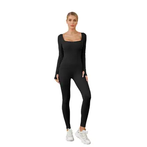 Women Fashion Wild Jumpsuits Ladies Female Solid Black Square Neck Long Sleeve Long Rompers Spring Autumn Skinny  Clothes