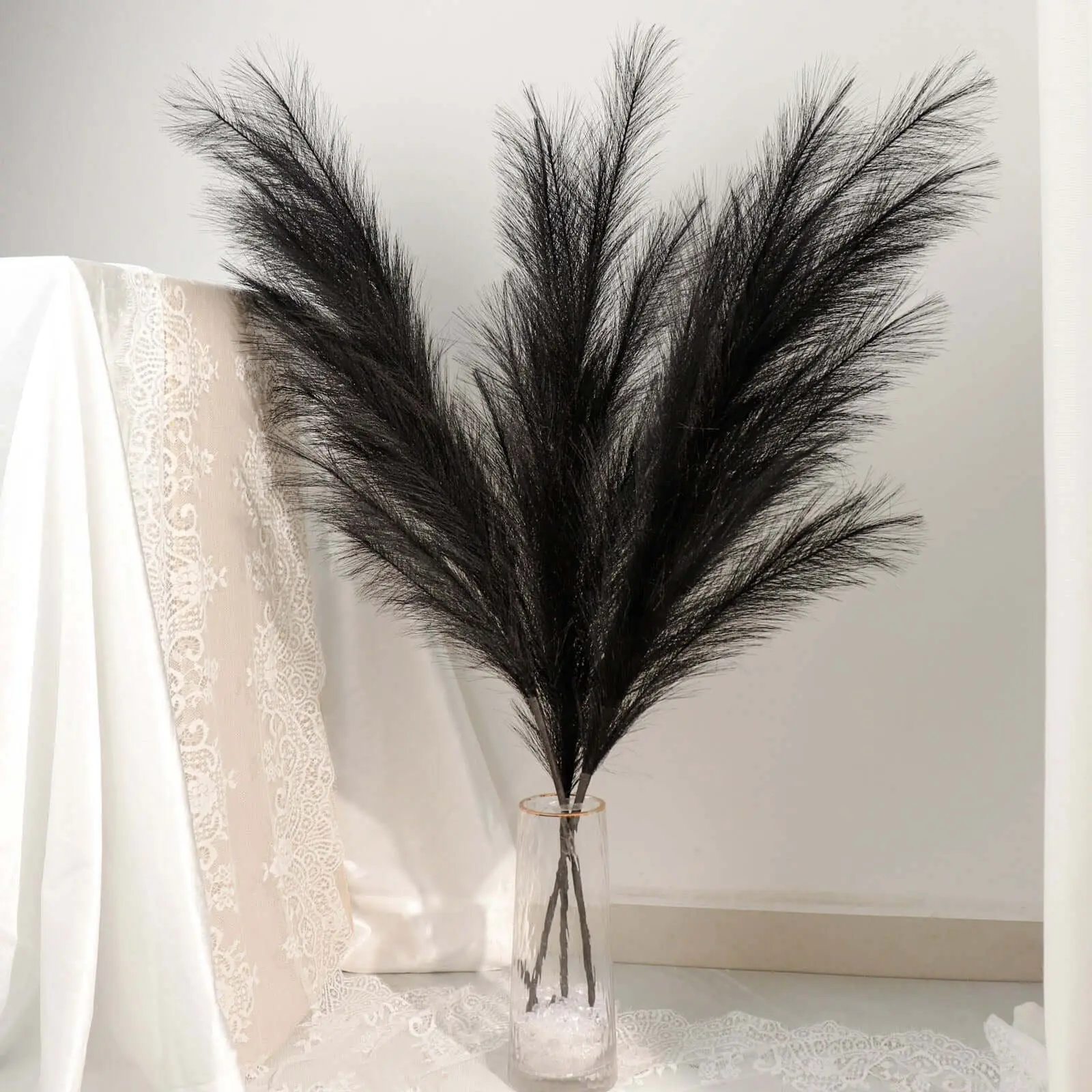 44" Black Artificial Pampas Grass Decor (3 Stems) - Soft Realistic Faux Ornamental Grass Branches, Decorative Plants for Rustic Boho Chic Backdrops, Flower Arrangement & Vase Displays, Faux Greenery Floral Bouquet Artificial Plants