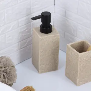 Evideco French Home Goods Bath Square Resin Hand Soap & Lotion Dispenser Stone Effect 9 FL OZ Natural Rust Free Reusable for Kitchen Sink or Utility Room Vanity