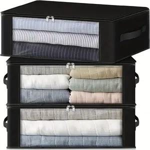 3 Piece Clothes Storage Set, Foldable Thick Fabric Blanket Organizer Bag, Folding Storage Box with Large Transparent Window, Space Saving Organizer, 35L Capacity