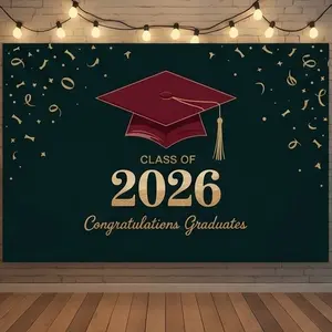 1 PC 2D Flat Banner Backdrop Graduation Class Of 2026 Theme With Burgundy Graduation Cap And Gold Confetti Design For Graduation Party Decorations