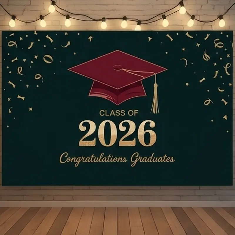 1 PC 2D Flat Banner Backdrop Graduation Class Of 2026 Theme With Burgundy Graduation Cap And Gold Confetti Design For Graduation Party Decorations