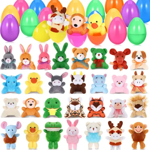 12set/24set/30set/36set Easter Eggs Filler with Plush Stuffer Animal for Easter Eggs Hunt Basket Stuffers Filler Easter Eggs with Bunny for Boys Girls Outdoor Play Classroom Prize Easter Party Favors
