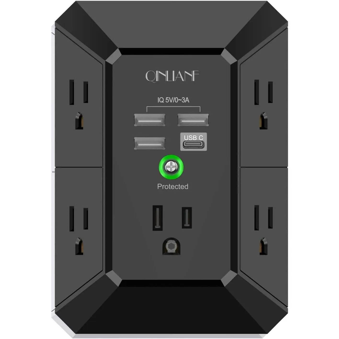 USB Wall Charger, Surge Protector, QINLIANF 5 Outlet Extender with 4 USB Charging Ports (4.8A Total) 3-Sided 1680J Power Strip Multi Plug Outlets Wall Adapter Spaced for Home Travel Office, Black