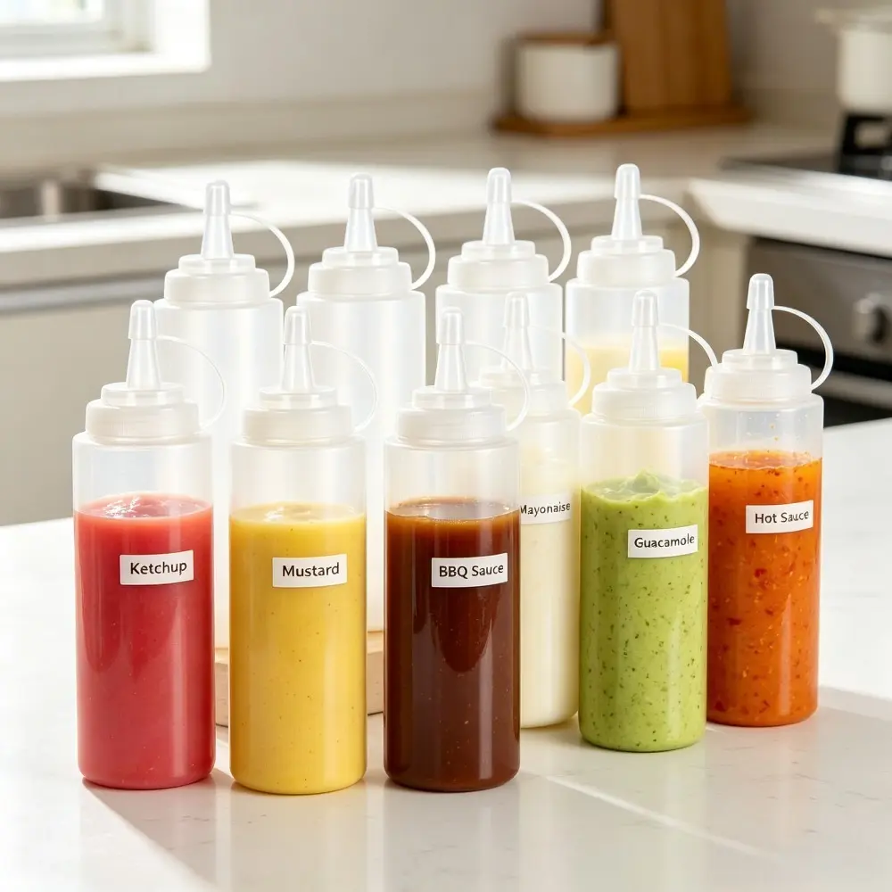 3/6-Piece Seasoning Sets, 240ml Reusable Plastic Squeeze Sauce Bottles with Scale & Nozzle Cap, Condiment Dispensers for Kitchen BBQ, Baking