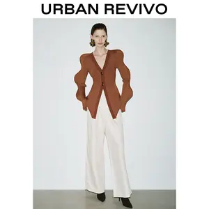 URBAN REVIVO springtok Oversized Puff Sleeve Brown Knit Cardigan - Bold V-Neck Button Front for Trendy Women Skinny Knitted