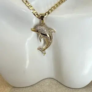 Pendant for chains, dolphin animal design plated in high quality 14k gold. Drop Necklace Necklace Gift