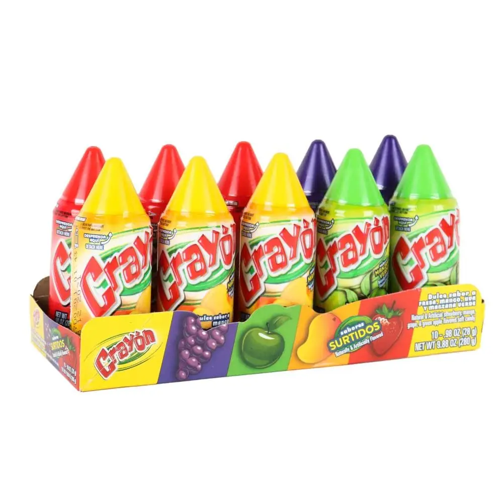 Lorena Crayon Surtido - Assorted Fruit-Flavored Candy - Fun Crayon-Shaped Bottles 10 Pieces